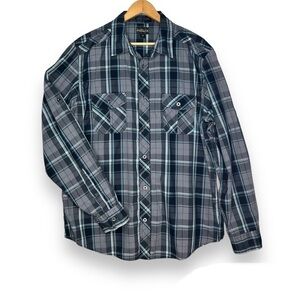 Helix Shirt Mens XL Black Plaid Button Up Roll Tab Athletic Fit Pockets Gray